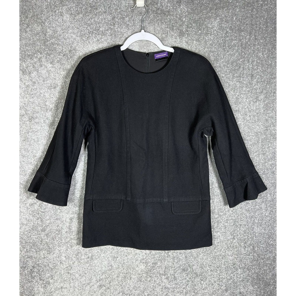 Longchamp Knit Top Womens Size 38 US Size 6 Black Lined Back Zip 3/4 Sleeve
